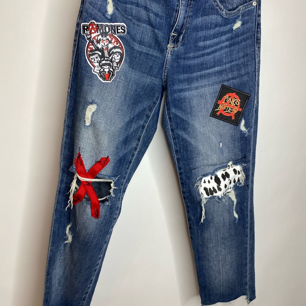 LOYAL MUSE Jeans Red and Blue Cropped Distressed Punk Rock Is Good For You Sz 6